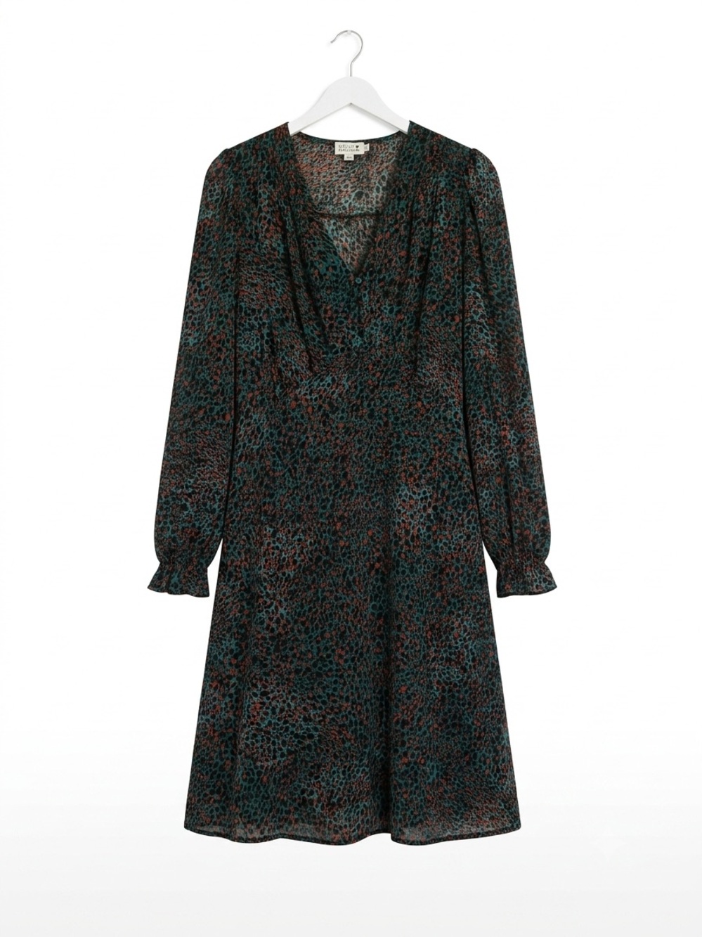 Molly Bracken Teal and Brown Leopard Print Long Sleeve Dress